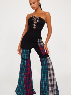 Black Strapless Patchwork Plaid Jumpsuit